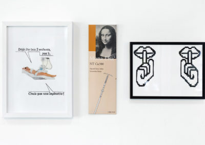 De gauche à droite : Lapinette, 2017, Encre et collage ; Mona Lisa, 2018 Boite de stérilet; Chut, 2017 Encre de chine. Crédit photo : Philippe Munda